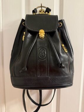Marino Orlandi Black Leather Drawstring Bucket Sling Bag Backpack